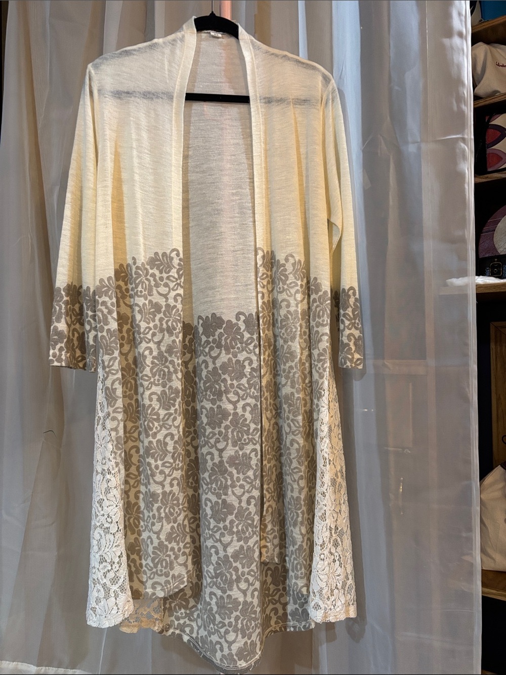 Simply Noelle Soft Lightweight Cream Lace-Accent Open Cardigan L XL